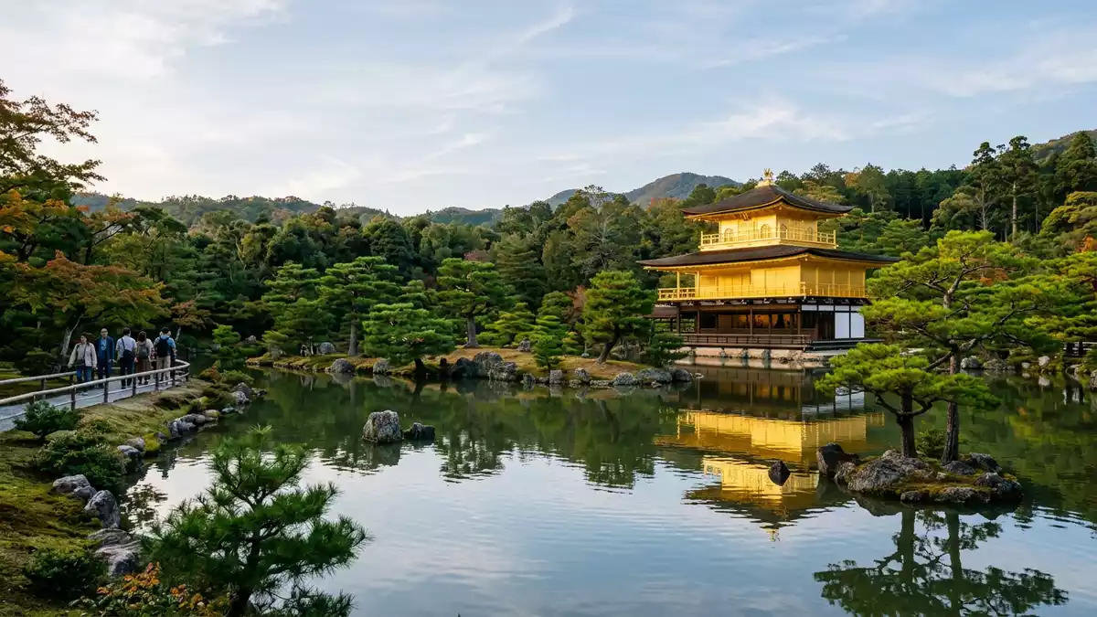 Kinkaku-ji Golden Pavilion surrounded by mirror pond in Kyoto