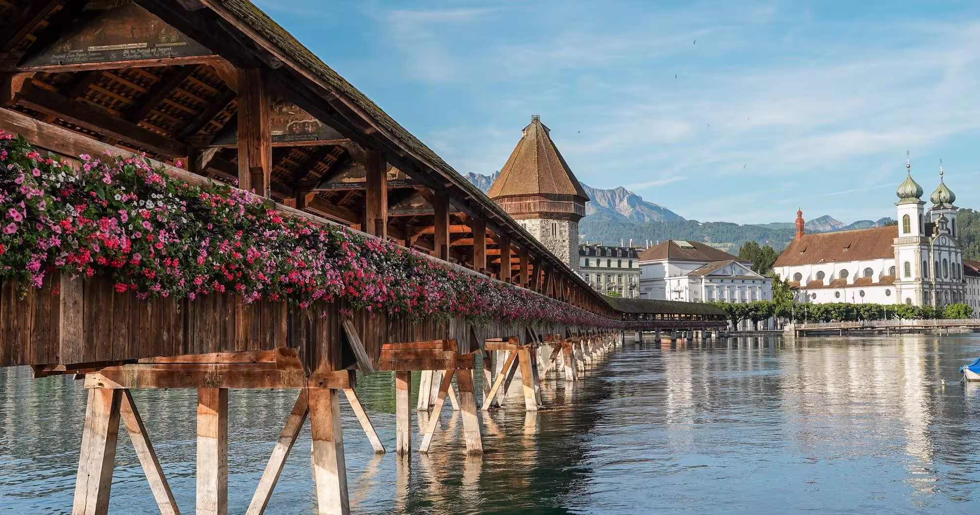 Historic wooden Chapel Bridge and Water Tower in Lucerne