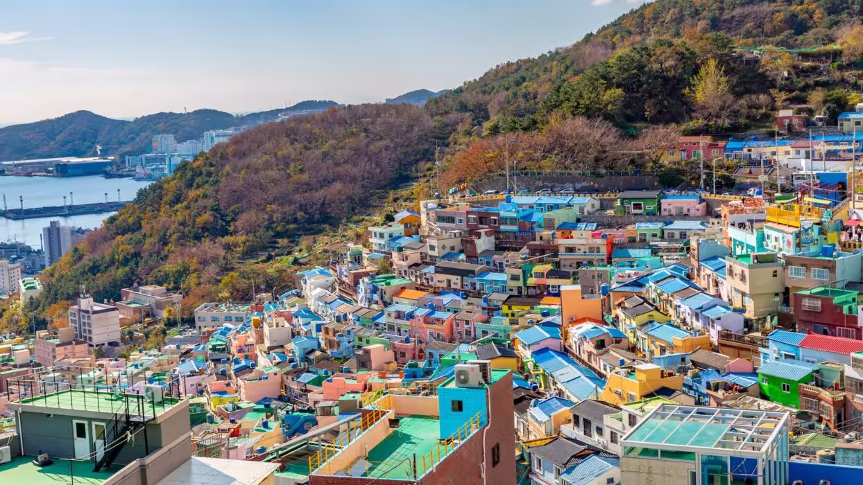 Colorful stepped hillside houses of Gamcheon Culture Village in Busan