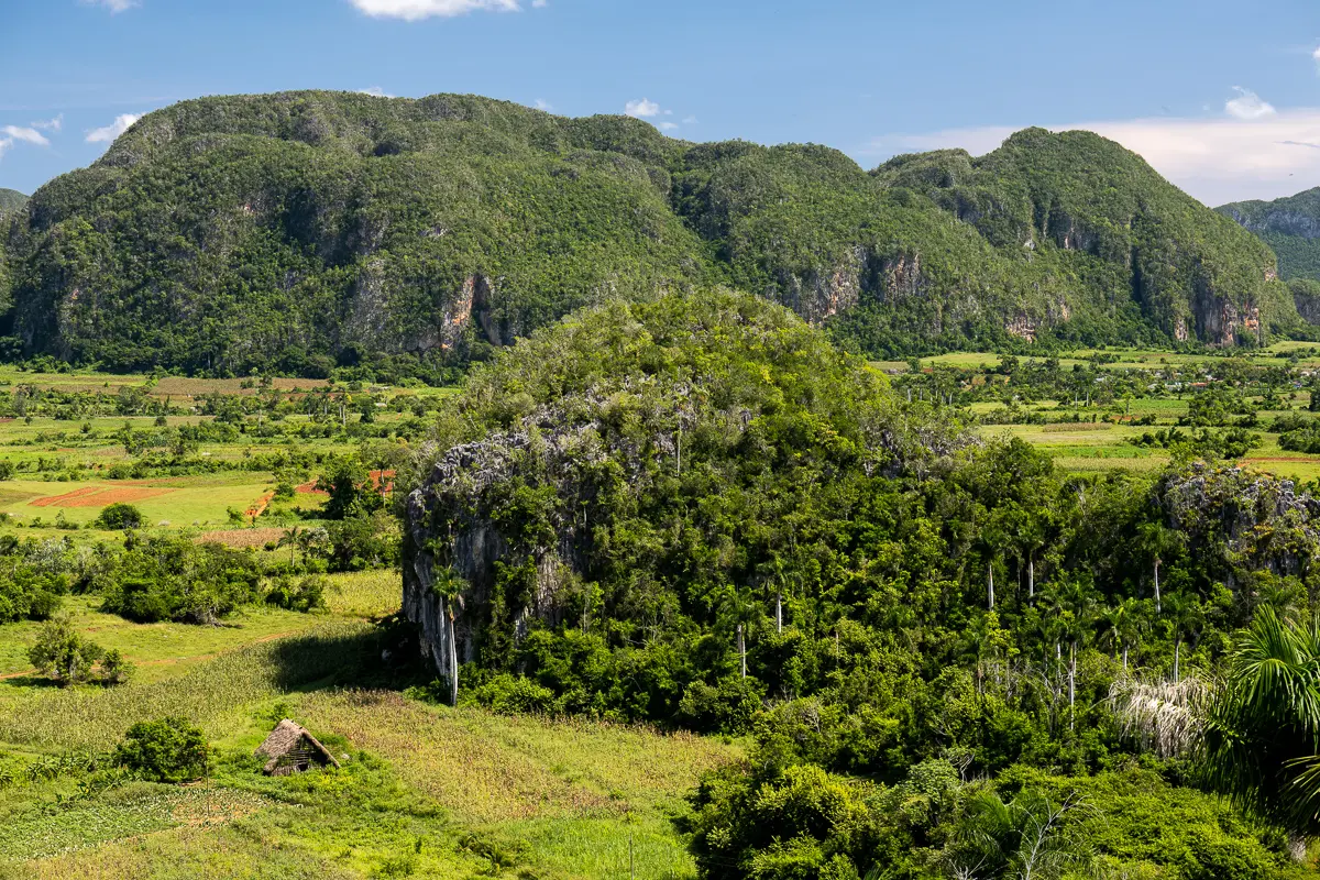 Vinales Valley mogote limestone karst hills and tobacco drying barns
