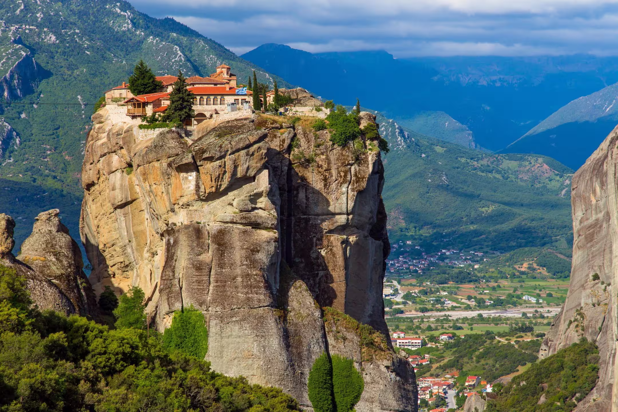 Meteora monasteries perched high on sandstone rock pillars