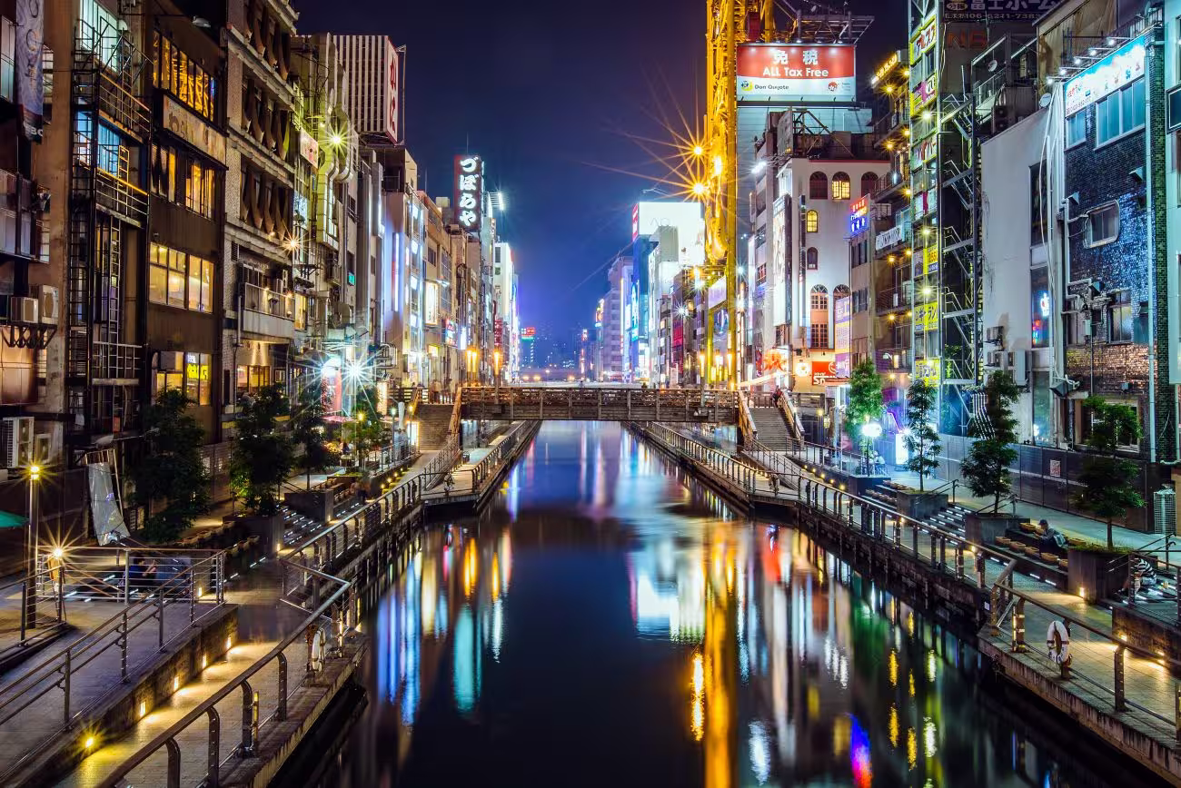 Vibrant neon reflections in Osaka Dotonbori