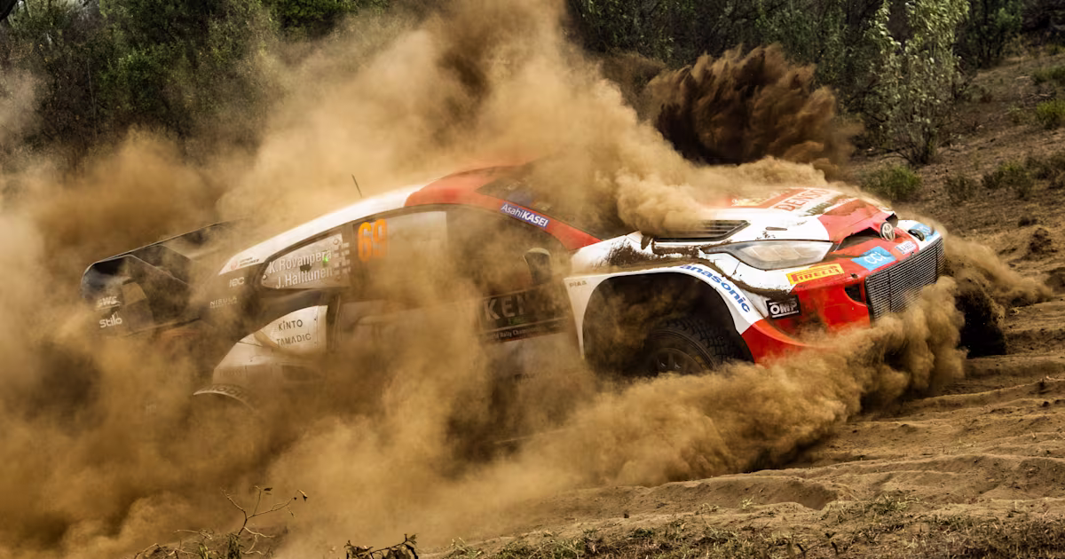 WRC rally car throwing up dust on the fesh-fesh sand stages near Naivasha