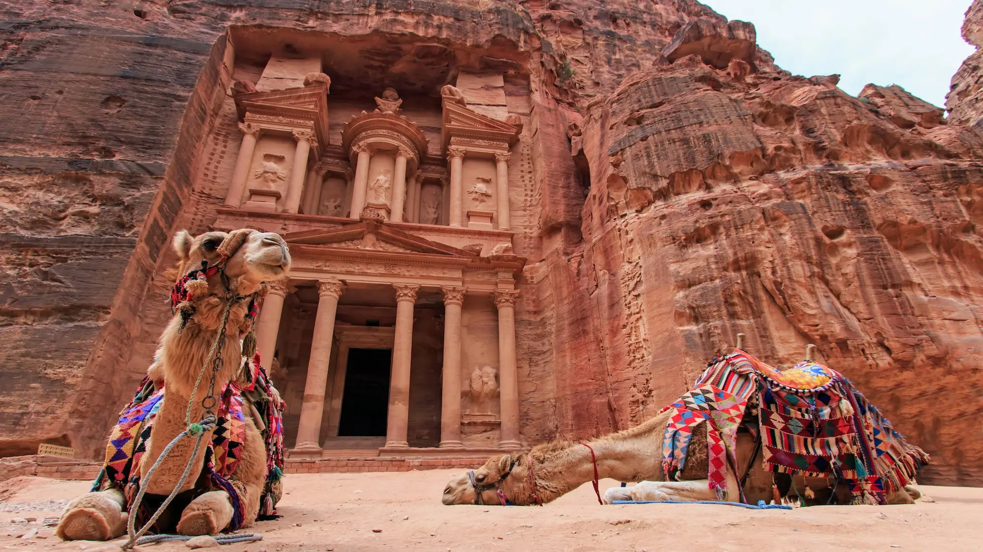 Al-Khazneh (The Treasury) carved into the rose-red sandstone of Petra